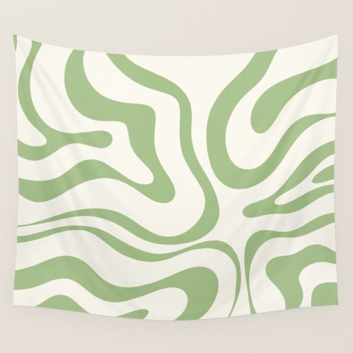 Modern Liquid Swirl Abstract Pattern in Cream and Light Sage Green Wall Tapestry Gallery Image 4