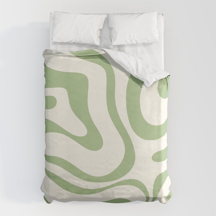 Modern Liquid Swirl Abstract Pattern in Cream and Light Sage Green Duvet Cover Gallery Image 6