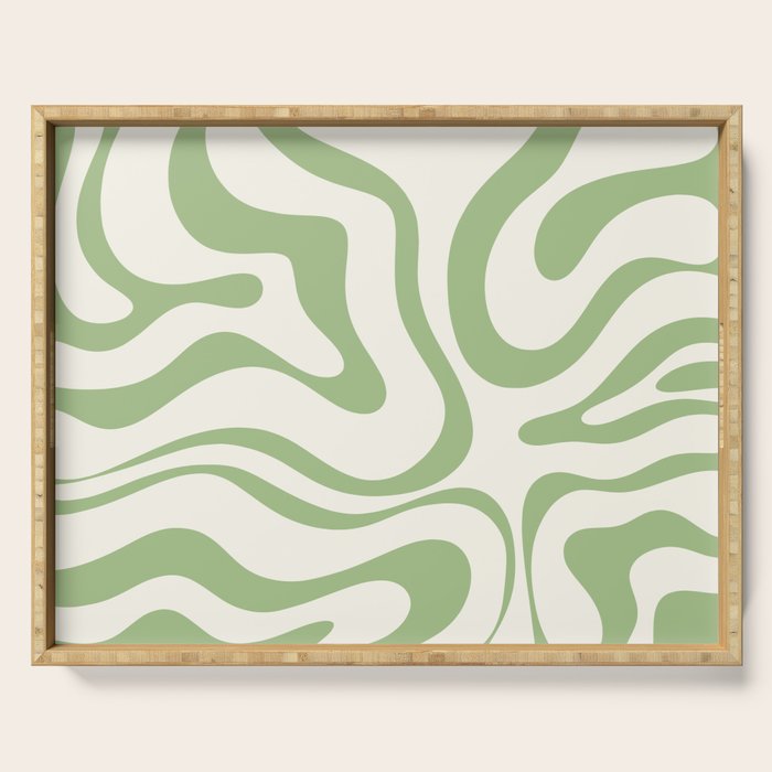 Modern Liquid Swirl Abstract Pattern in Cream and Light Sage Green Serving Tray Gallery Image 1