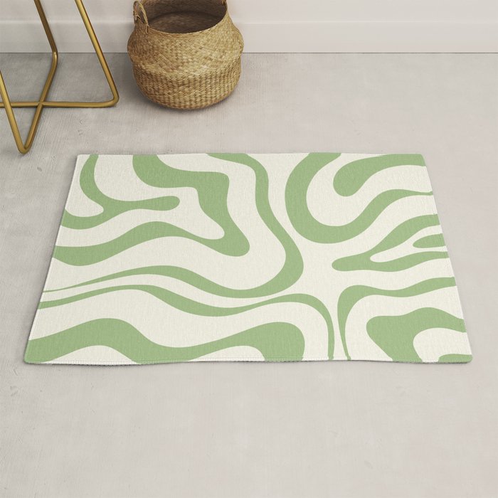 Modern Liquid Swirl Abstract Pattern in Cream and Light Sage Green Rug Gallery Image 1