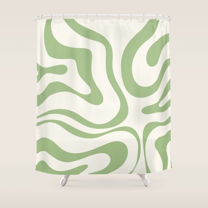 Modern Liquid Swirl Abstract Pattern in Cream and Light Sage Green Shower Curtain Gallery Image 1