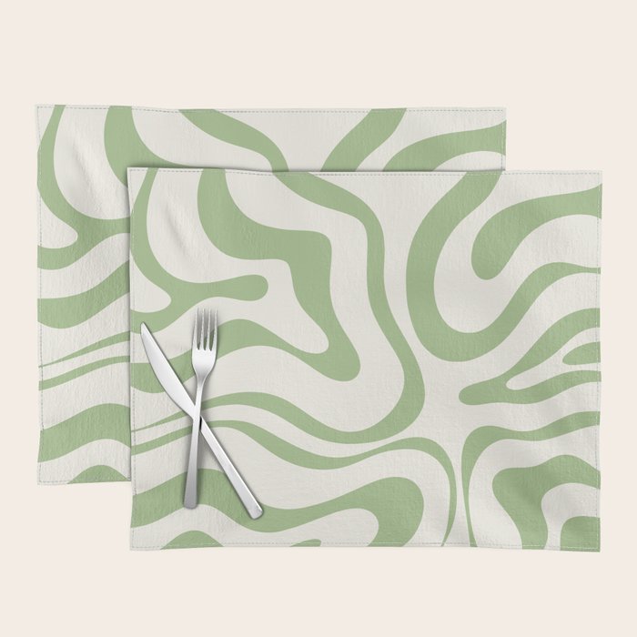 Modern Liquid Swirl Abstract Pattern in Cream and Light Sage Green Placemat Gallery Image 1