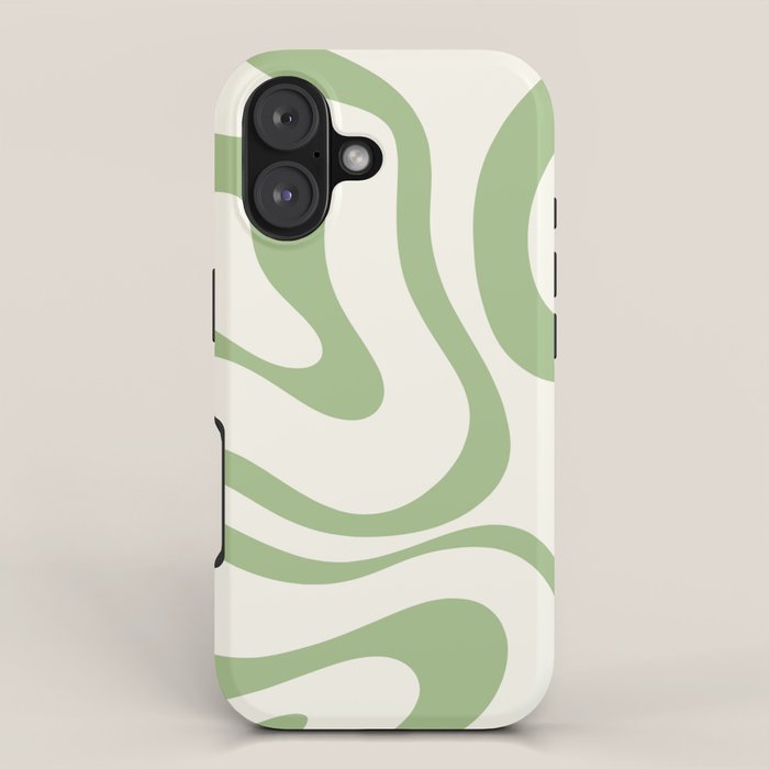 Modern Liquid Swirl Abstract Pattern in Cream and Light Sage Green iPhone Case Gallery Image 1