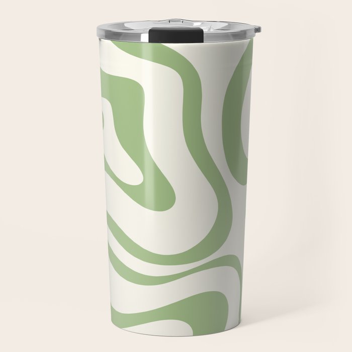Modern Liquid Swirl Abstract Pattern in Cream and Light Sage Green Travel Mug Gallery Image 1