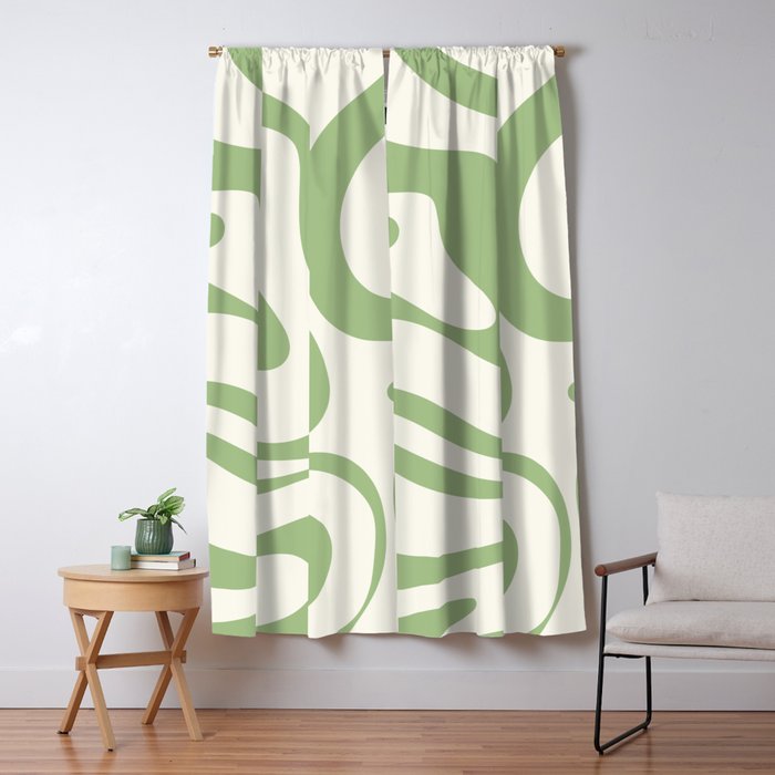 Modern Liquid Swirl Abstract Pattern in Cream and Light Sage Green Window Curtain Gallery Image 1