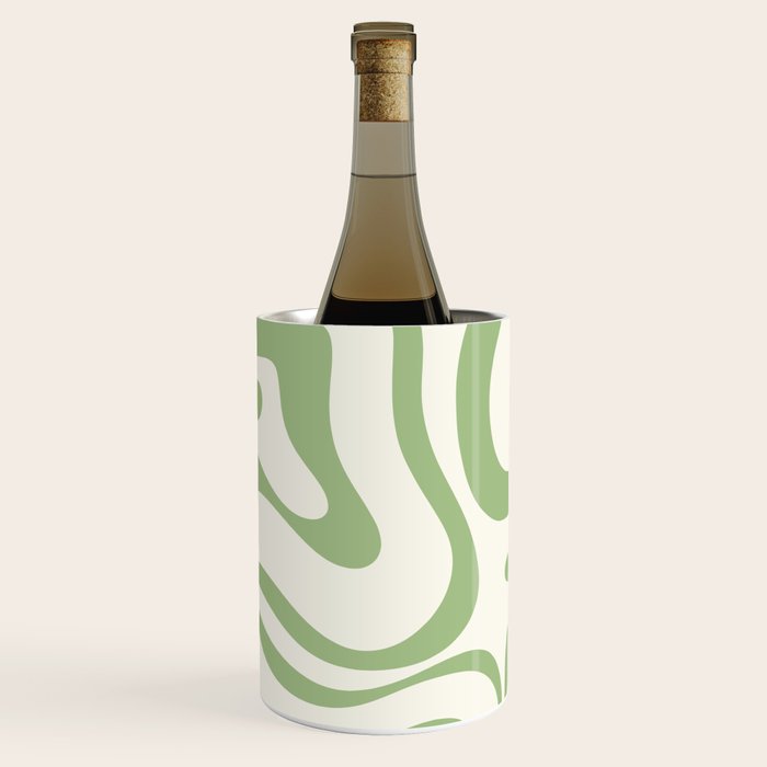 Modern Liquid Swirl Abstract Pattern in Cream and Light Sage Green Wine Chiller Gallery Image 1