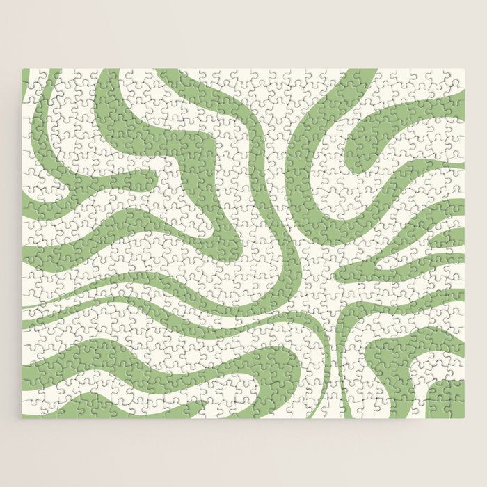 Modern Liquid Swirl Abstract Pattern in Cream and Light Sage Green Jigsaw Puzzle Gallery Image 1