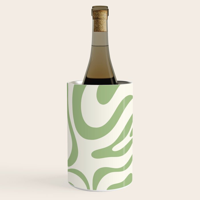 Modern Liquid Swirl Abstract Pattern in Cream and Light Sage Green Wine Chiller Gallery Image 3