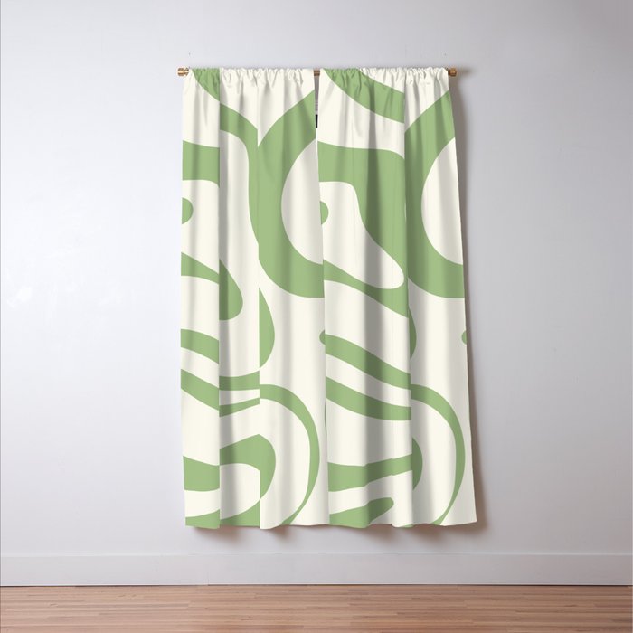 Modern Liquid Swirl Abstract Pattern in Cream and Light Sage Green Window Curtain Gallery Image 3