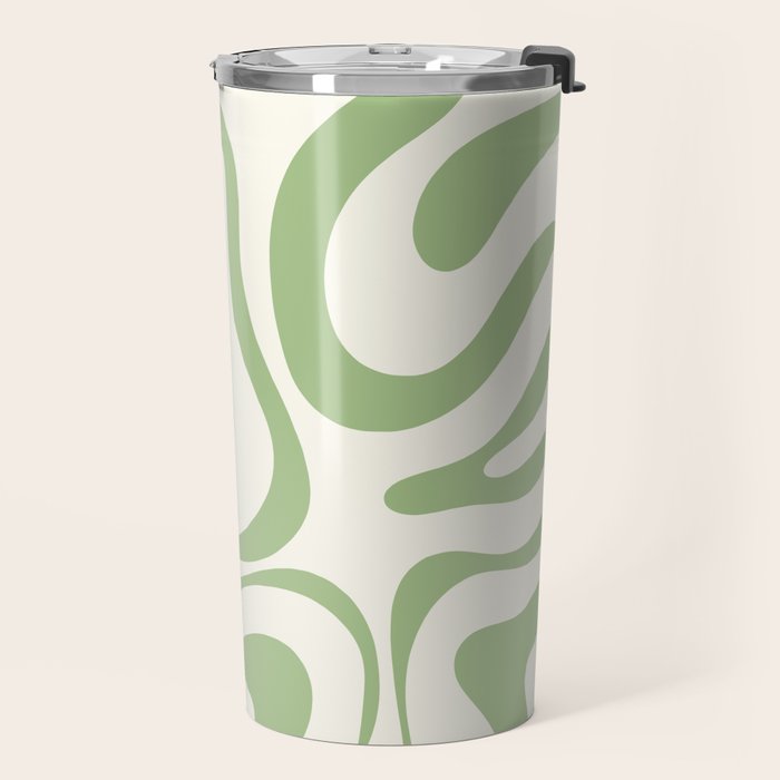 Modern Liquid Swirl Abstract Pattern in Cream and Light Sage Green Travel Mug Gallery Image 2