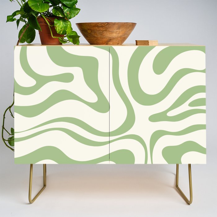 Modern Liquid Swirl Abstract Pattern in Cream and Light Sage Green Credenza Gallery Image 1