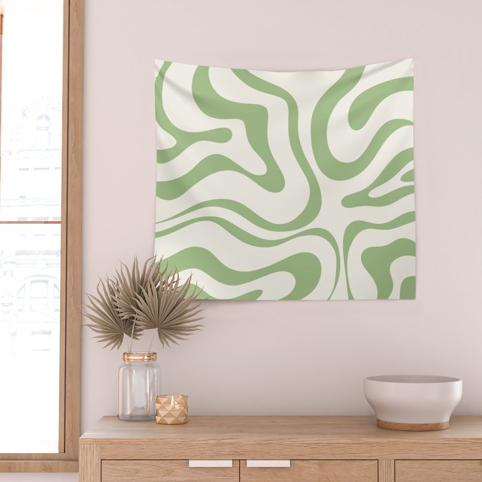 Modern Liquid Swirl Abstract Pattern in Cream and Light Sage Green Wall Tapestry Gallery Image 2