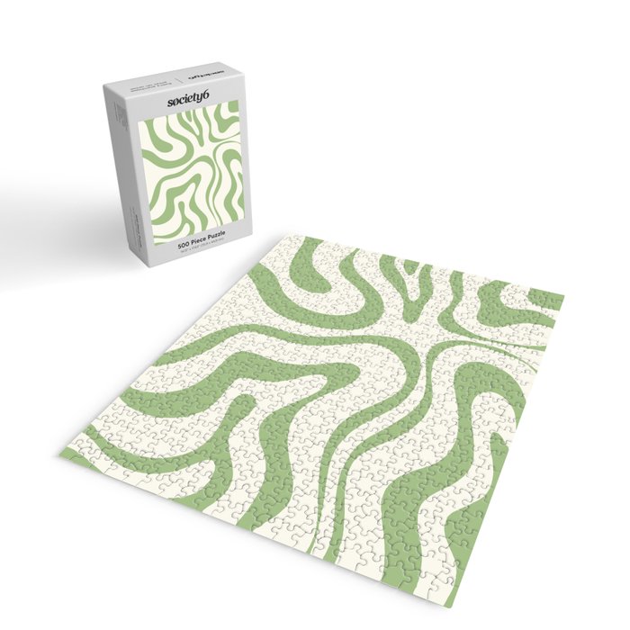 Modern Liquid Swirl Abstract Pattern in Cream and Light Sage Green Jigsaw Puzzle Gallery Image 2