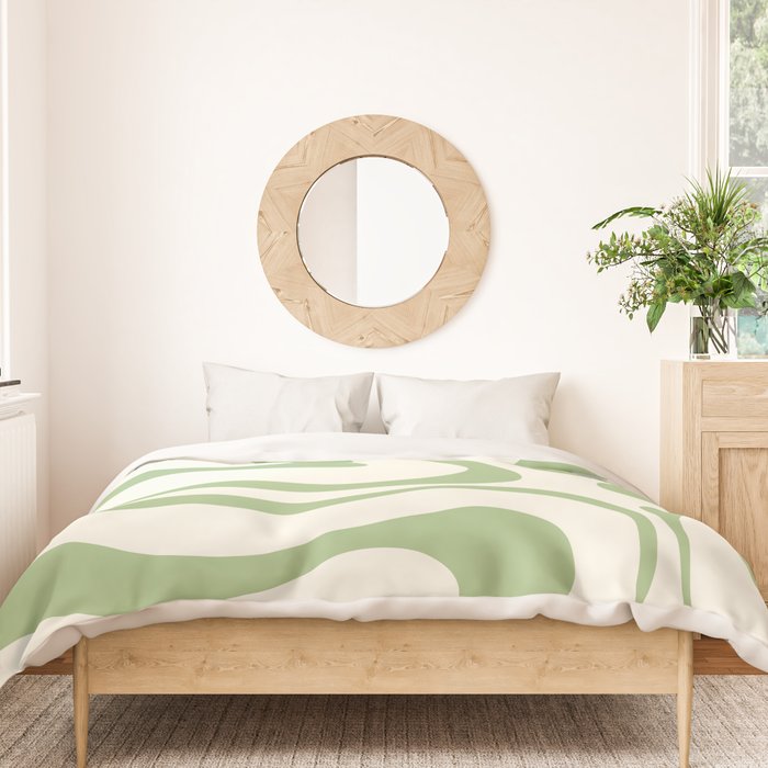 Modern Liquid Swirl Abstract Pattern in Cream and Light Sage Green Duvet Cover Gallery Image 3