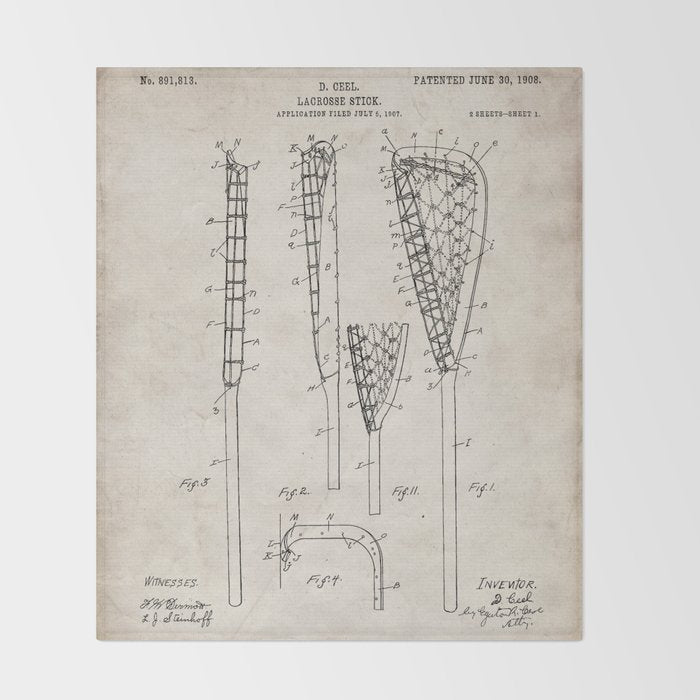 Lacrosse Stick Patent - Lacrosse Player Art - Antique Throw Blanket Gallery Image 2