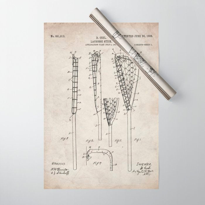Lacrosse Stick Patent - Lacrosse Player Art - Antique Wrapping Paper Gallery Image 1