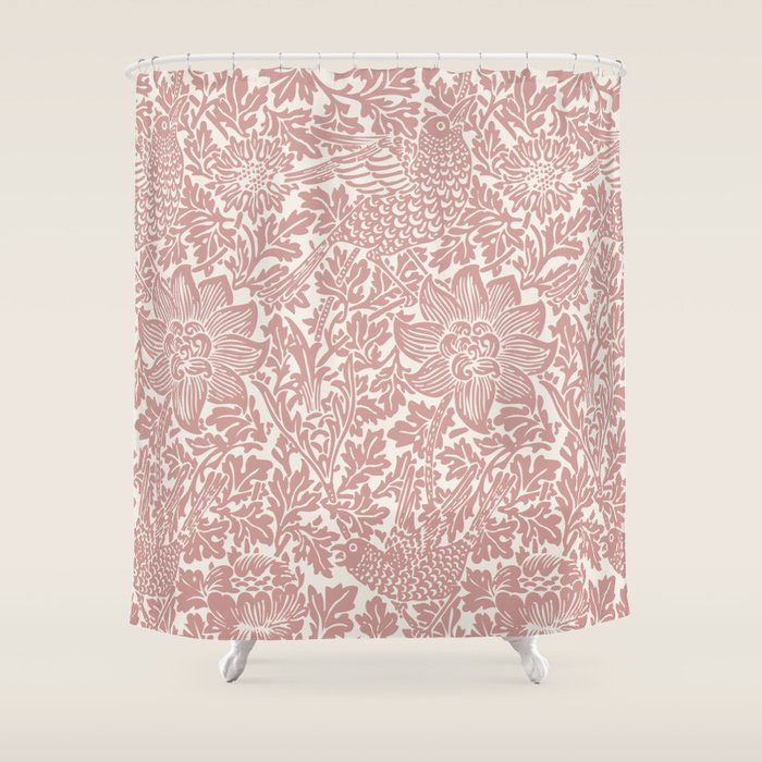 William Morris Vintage Strawberry Thief Pink & White Pattern Shower Curtain Gallery Image 1