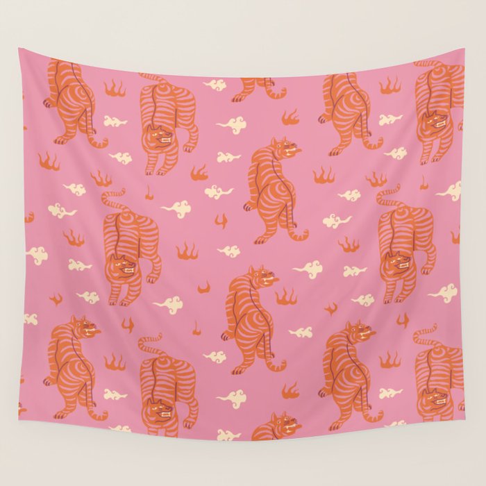 Oriental pink tigers Wall Tapestry Gallery Image 4