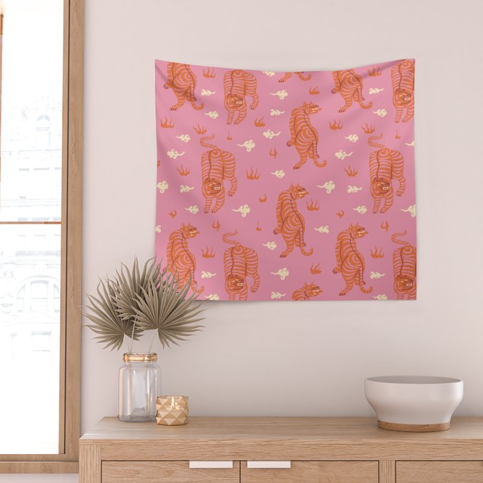 Oriental pink tigers Wall Tapestry Gallery Image 2