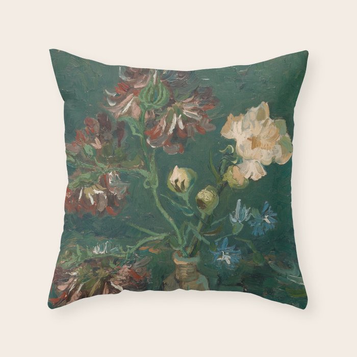 Peonies and Blue Delphiniums by Vincent van Gogh Throw Pillow Gallery Image 1