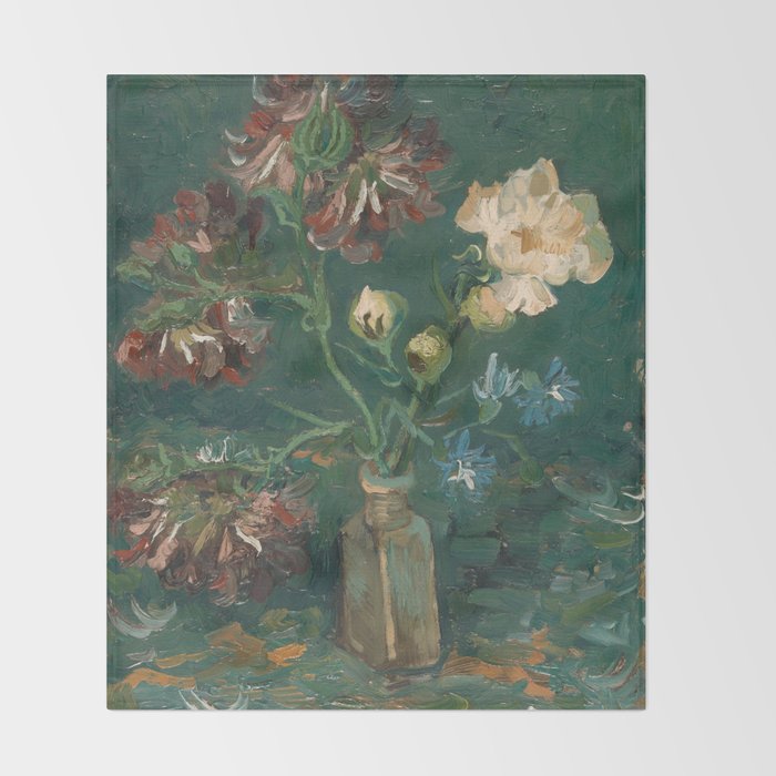 Peonies and Blue Delphiniums by Vincent van Gogh Throw Blanket Gallery Image 2