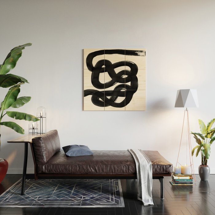 Knots Black & White Minimalist Ink Tribal Mid Century Pattern Dark Painting Pattern Wood Wall Art Gallery Image 2