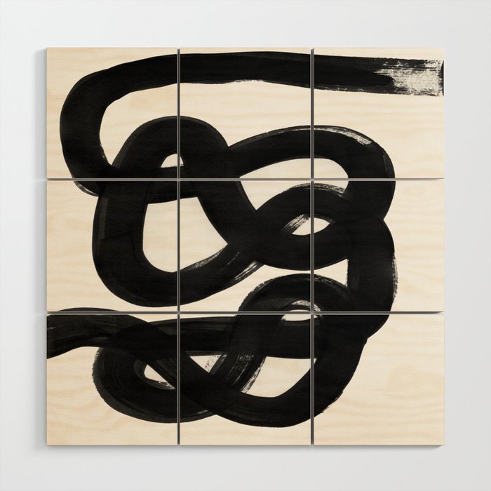 Knots Black & White Minimalist Ink Tribal Mid Century Pattern Dark Painting Pattern Wood Wall Art Gallery Image 1