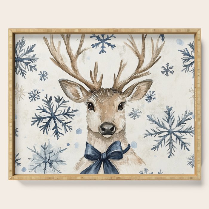 Winter Blue Deer Christmas Watercolor Illustration Serving Tray Gallery Image 1