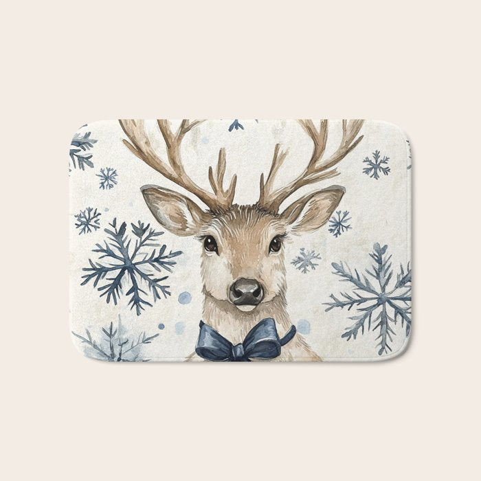 Winter Blue Deer Christmas Watercolor Illustration Bath Mat Gallery Image 1
