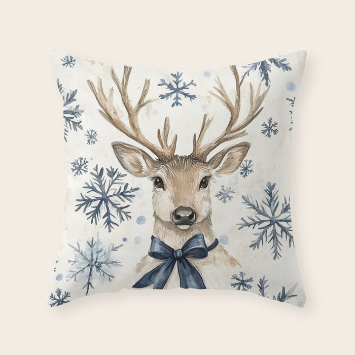 Winter Blue Deer Christmas Watercolor Illustration Throw Pillow Gallery Image 1