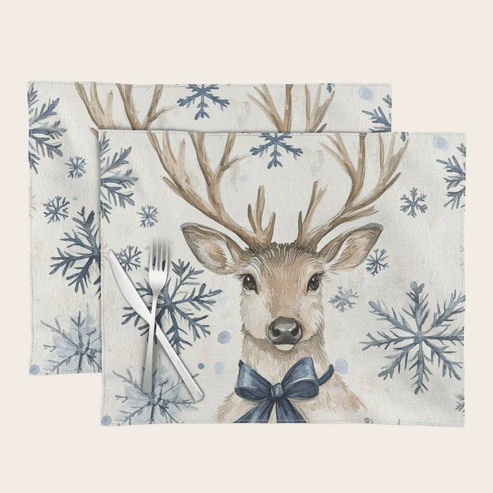 Winter Blue Deer Christmas Watercolor Illustration Placemat Gallery Image 1