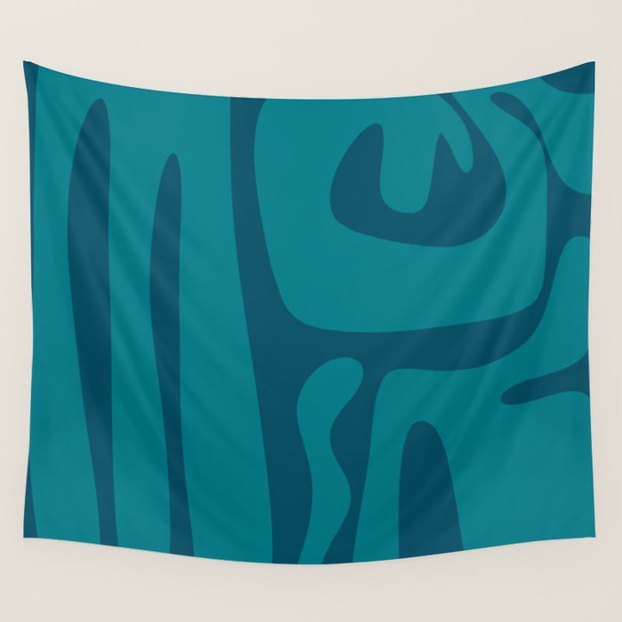 Mid Century Modern Abstract Kwaito Pattern in Teal Blue Tones Wall Tapestry Gallery Image 1