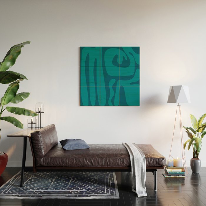 Mid Century Modern Abstract Kwaito Pattern in Teal Blue Tones Wood Wall Art Gallery Image 2