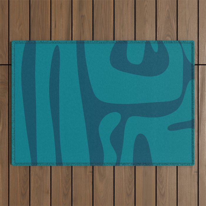 Mid Century Modern Abstract Kwaito Pattern in Teal Blue Tones Outdoor Rug Gallery Image 1