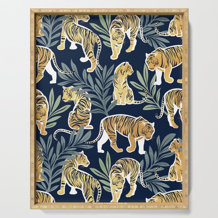 Nouveau white tigers // navy blue background green leaves white lines yellow animals Serving Tray Gallery Image 1