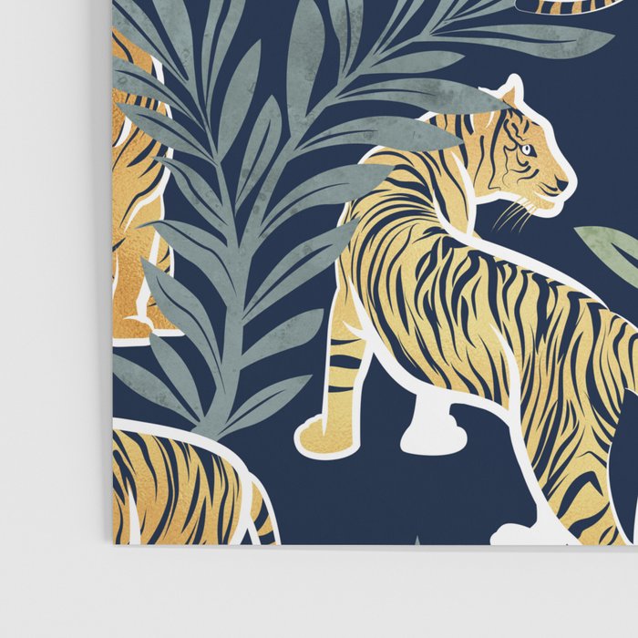 Nouveau white tigers // navy blue background green leaves white lines yellow animals Poster Gallery Image 3