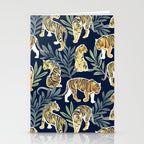 Nouveau white tigers // navy blue background green leaves white lines yellow animals Stationery Card Gallery Image 2