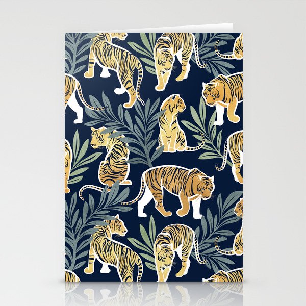 Nouveau white tigers // navy blue background green leaves white lines yellow animals Stationery Card Gallery Image 2