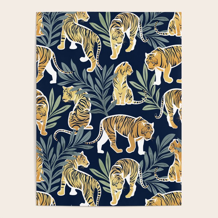 Nouveau white tigers // navy blue background green leaves white lines yellow animals Poster Gallery Image 1