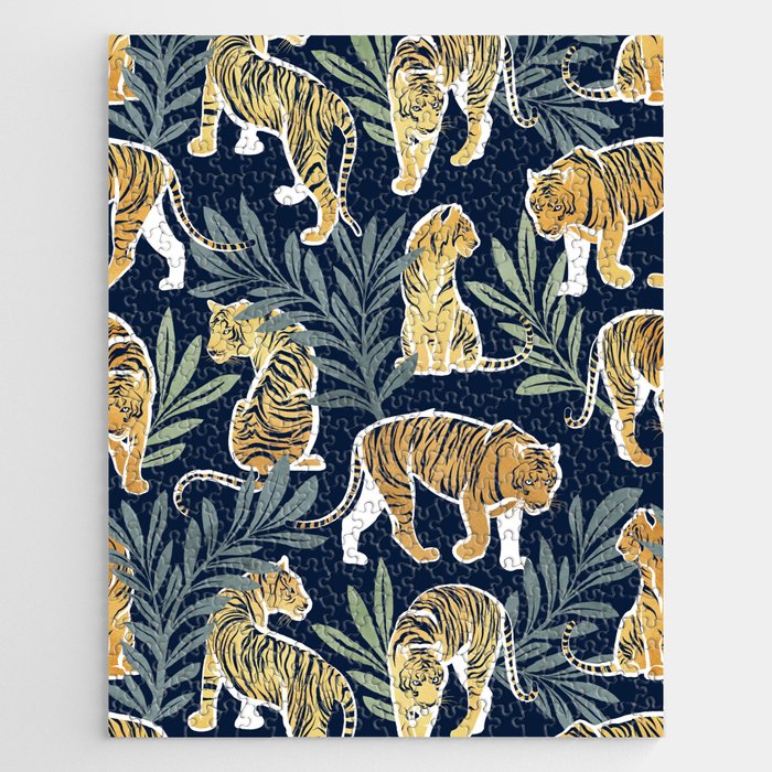 Nouveau white tigers // navy blue background green leaves white lines yellow animals Jigsaw Puzzle Gallery Image 1