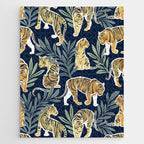 Nouveau white tigers // navy blue background green leaves white lines yellow animals Jigsaw Puzzle Gallery Image 1