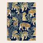 Nouveau white tigers // navy blue background green leaves white lines yellow animals Poster Gallery Image 4