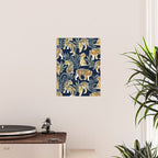 Nouveau white tigers // navy blue background green leaves white lines yellow animals Poster Gallery Image 2