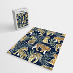 Nouveau white tigers // navy blue background green leaves white lines yellow animals Jigsaw Puzzle Gallery Image 2