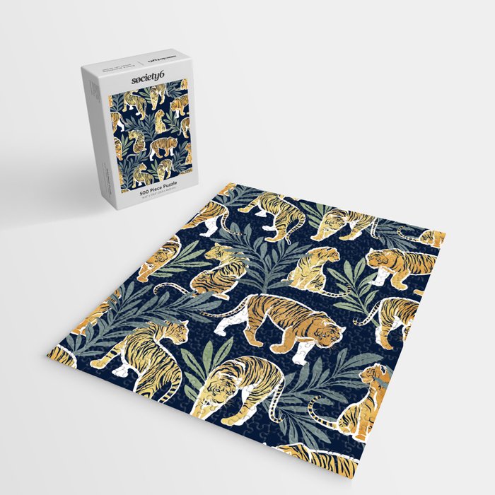 Nouveau white tigers // navy blue background green leaves white lines yellow animals Jigsaw Puzzle Gallery Image 2