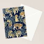 Nouveau white tigers // navy blue background green leaves white lines yellow animals Stationery Card Gallery Image 2