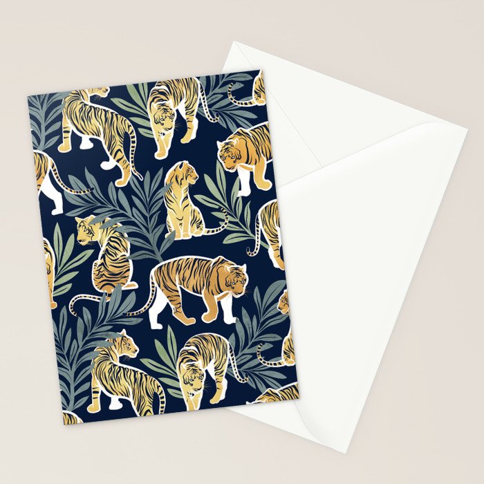 Nouveau white tigers // navy blue background green leaves white lines yellow animals Stationery Card Gallery Image 2
