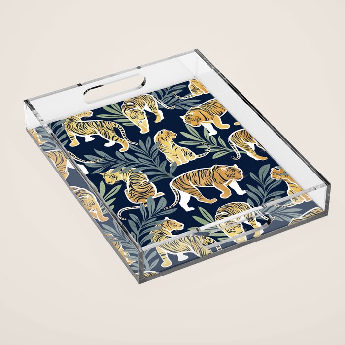 Nouveau white tigers // navy blue background green leaves white lines yellow animals Acrylic Tray Gallery Image 1