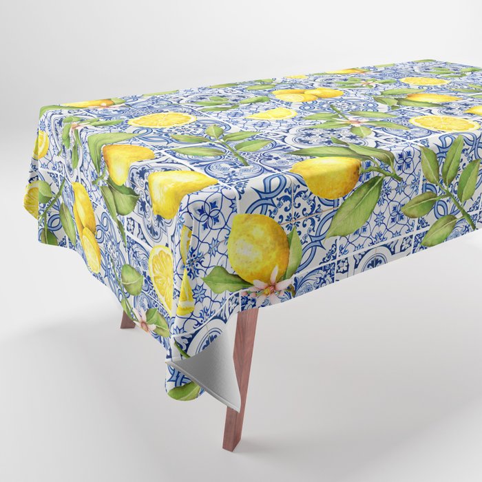 Portuguese Vintage Summer  Blue Tiles And Lemons Tablecloth Gallery Image 1