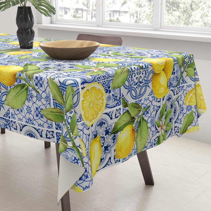 Portuguese Vintage Summer  Blue Tiles And Lemons Tablecloth Gallery Image 3